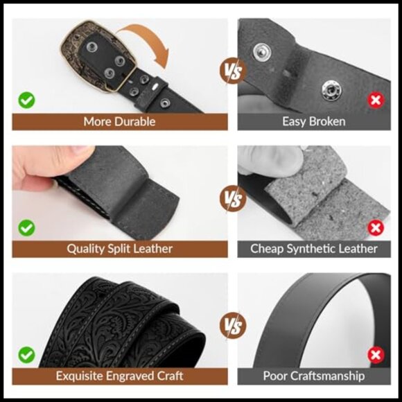 Western Leather Belt with Detachable Poker Buckle, Adjustable Fit main image 4